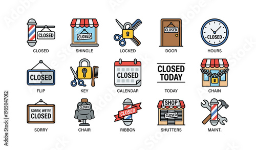 Store closure icons set: closed signs, locks, chains, and clocks