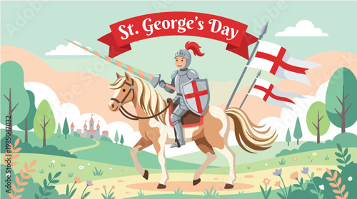 Illustration of a knight on horseback celebrating St. George's Day with a red banner and cross in a colorful landscape.