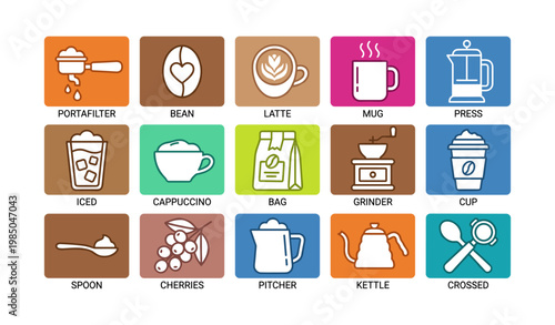 Coffee icon set: portafilter, bean, latte, mug, press, iced, grinder, cup, spoon