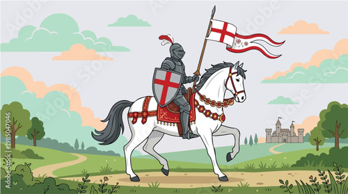 Illustration of a knight on horseback riding through a green landscape with a castle in the background, holding a flag on St. George's Day.