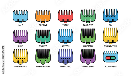 Colorful hair clipper guards chart displaying various lengths and measurements