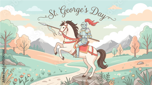 Illustration of a knight on horseback celebrating St. George's Day in a scenic landscape with mountains and trees in the background.