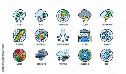 Weather icons: rain, storm, lightning, snow, cyclone, more