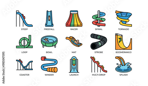 Colorful water park ride icons with slides and tubes