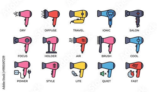 Colorful hair dryer icons representing functions and styles