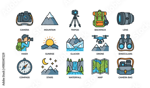 Outdoor adventure icons featuring camera, mountain, backpack, and drone for travel enthusiasts