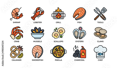 Seafood icons set featuring shrimp lobster grill fish crab mussels with cooking tools