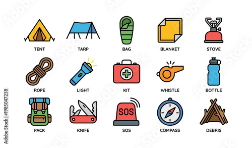 Essential camping gear icons: tent, tarp, sleeping bag, stove, compass, more