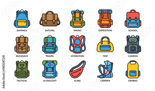 Illustrated collection of various backpack styles and their uses