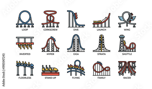 Collection of various roller coaster designs with loops and twists