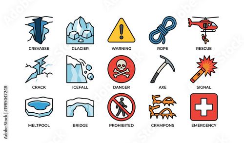 Mountaineering icons: glacier, crevasse, icefall, axe, emergency, rescue