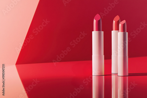 Three lipsticks in red, pink and coral tones standing on glossy geometric background. Modern beauty cosmetic branding concept with vibrant colors and reflections.