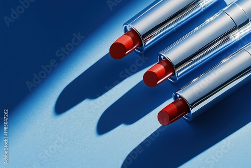 Three red lipsticks in silver tubes arranged diagonally on blue background with dramatic shadows, perfect for beauty and makeup concepts.