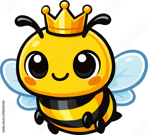Cute Queen Bee Vector Illustration, Kawaii Honey Bee Mascot with Crown, Big Eyes and Wings