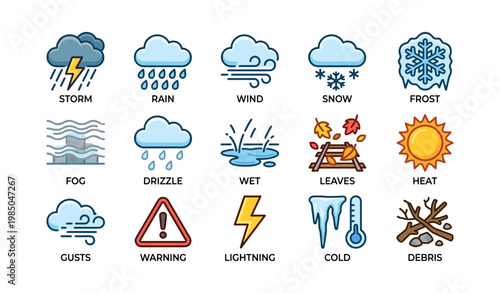 Weather icons collection: storm, rain, wind, snow, frost, and more