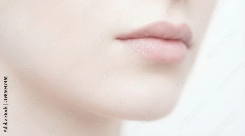 Fototapeta premium Close-up of a womans mouth with light pink lips against a pale background, promoting beauty, naturalness, and color trend Cloud Dancer for 2026.