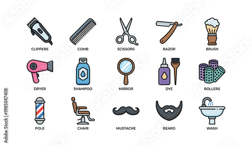 Barber shop tools collection: clippers, comb, scissors, razor, brush, and more
