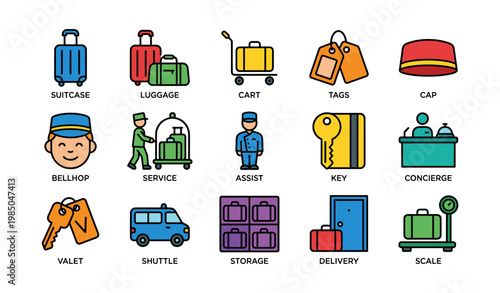 Hotel service icons: luggage, bellhop, concierge, shuttle, and more