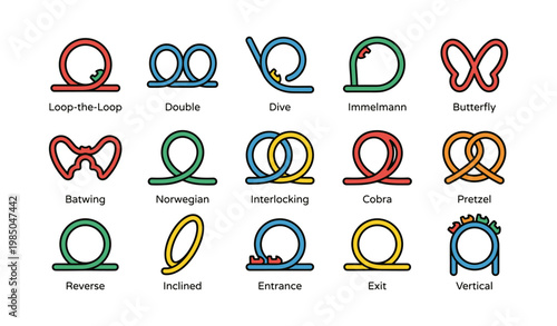 Colorful roller coaster loop designs: loop-the-loop, dive, cobra, butterfly, pretzel
