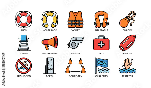 Lifesaving equipment icons for water safety and rescue awareness