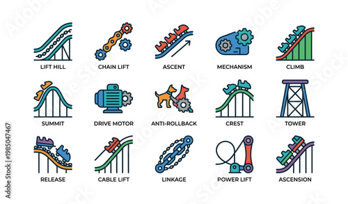 Roller coaster parts: lift hill, chain lift, ascent, mechanism, climb icons