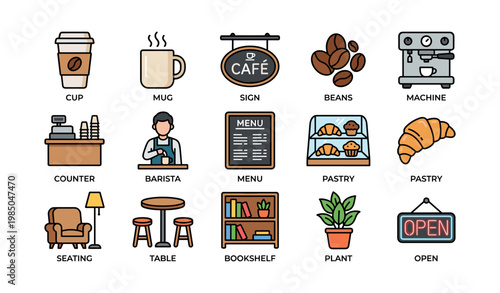 Cafe icons: coffee mug, beans, barista, pastries, plant, open sign