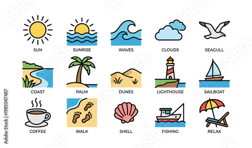 Beach icons: sun, waves, clouds, seagulls, palm, lighthouse, fishing, relaxing