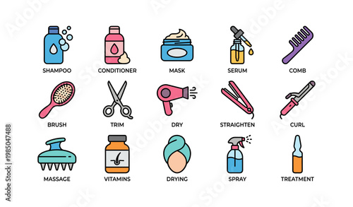 Haircare icons: shampoo conditioner mask serum comb and styling tools set