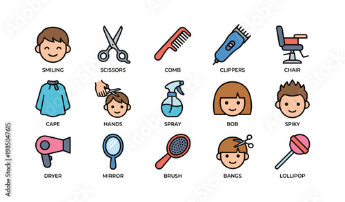 Barber shop icons collection: hair styling tools and hairstyles