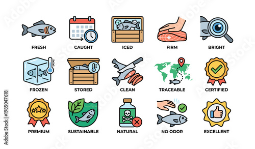 Illustrated seafood icons reflecting quality, storage, and sustainability
