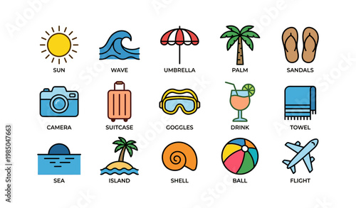 Colorful beach and travel icons set featuring sun, wave, umbrella, and more