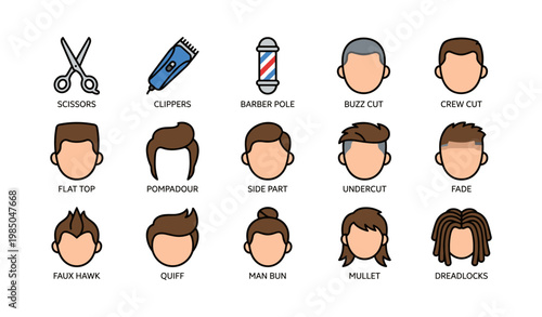 Illustrated guide to men's hairstyles and haircuts: buzz cut, undercut, fade, pompadour, and more