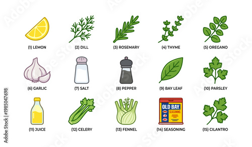 Assorted herbs and spices: lemon garlic salt pepper celery dill thyme