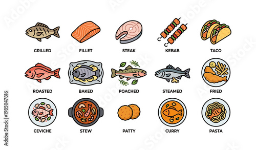 Assorted fish and meat dishes with cooking styles and ingredients