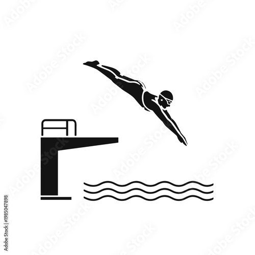 A swimmer confidently dives from a platform into the water against a light gray background