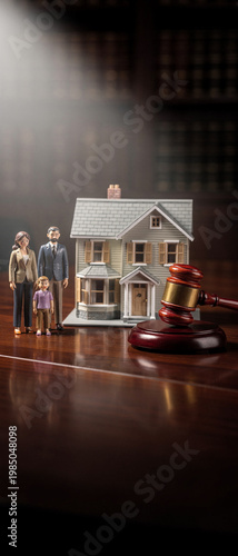 Miniature scene with a family standing in front of a toy courthouse with a wooden gavel on the table. Perfect for illustrating legal themes and disputes.