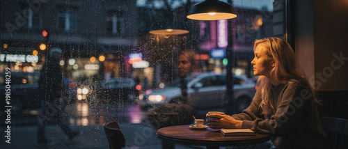 A woman enjoys a coffee and the view from her seat by the window of a bustling street cafe at night. She is engrossed in watching the city life outside.