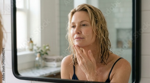 Beautiful mature woman looking in mirror for skin care routine, healthy senior face beauty concept