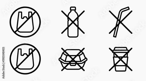 A set of six symbols indicating the rejection of single-use plastic items, promoting environmental consciousness and sustainable practices