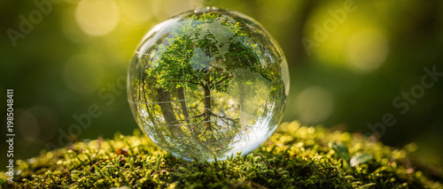 Clear glass sphere rests on mossy ground. Inside, a tree stands surrounded by greenery. Sunlight filters through leaves, creating soft glow. Blurred background enhances focus on sphere