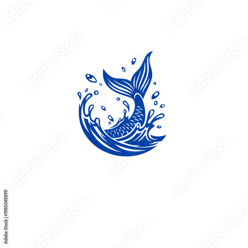 Stylized blue vector illustration of a fish tail and body leaping out of splashing water waves with droplets, creating a dynamic circular composition on a white background