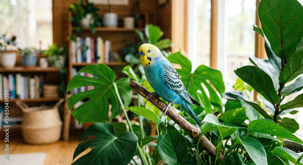 Obraz premium A blue parakeet perched on a branch, surrounded by indoor plants with large green leaves and wooden bookshelves in the background.