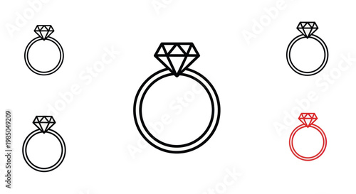 Diamond Ring Icon Set - Simple Line Art and Outline Graphics