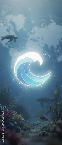 A vibrant underwater scene with a surfboard surrounded by sea creatures and bubbles.