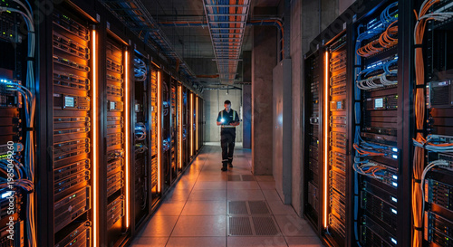An indoor server room illuminated by orange lights, featuring rows of servers and a person wearing a yellow safety vest standing in the aisle.