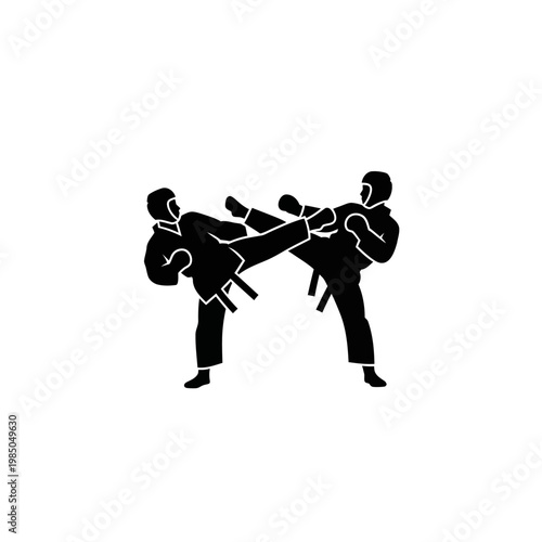 Martial arts illustration of two individuals in traditional attire performing a dynamic kick, symbolizing combat and discipline
