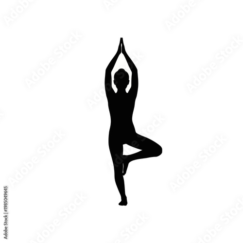 Silhouette of a person performing the tree pose, a balancing yoga asana with one leg raised and arms overhead