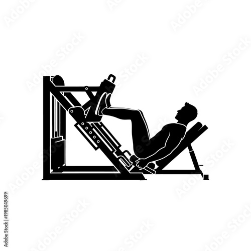 Silhouette of a person performing a leg press exercise on a weight machine in a gym, illustrating strength training and fitness