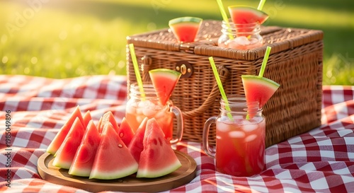 Piknik musim panas dengan potongan buah semangka dan minuman segar di atas selimut kotak-kotak merah
