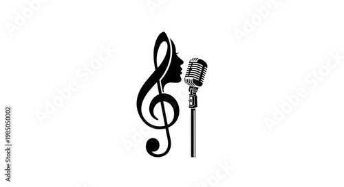 Musical Treble Clef Silhouette Merging with Vintage Microphone
